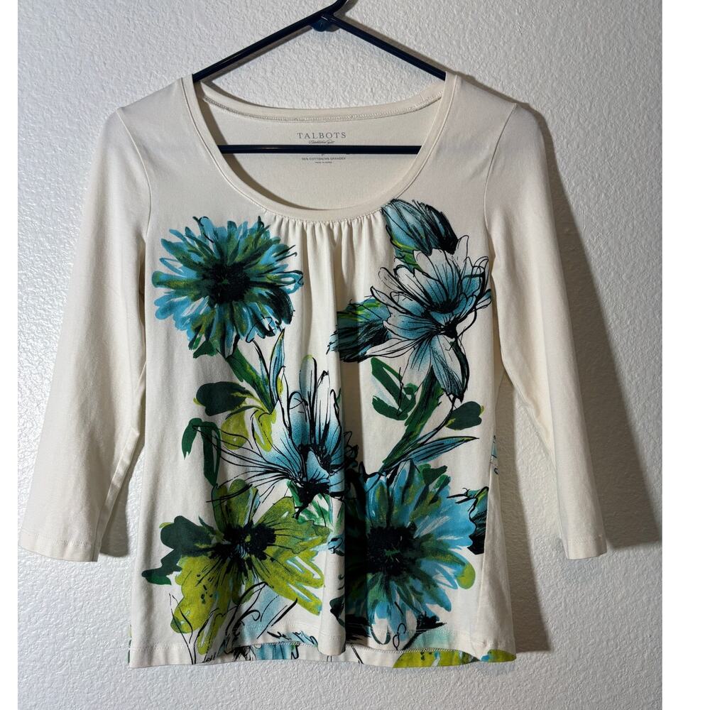 Talbots Women's Top Size Petite P (XS) Cream 3/4 Sleeves Blue Green Floral